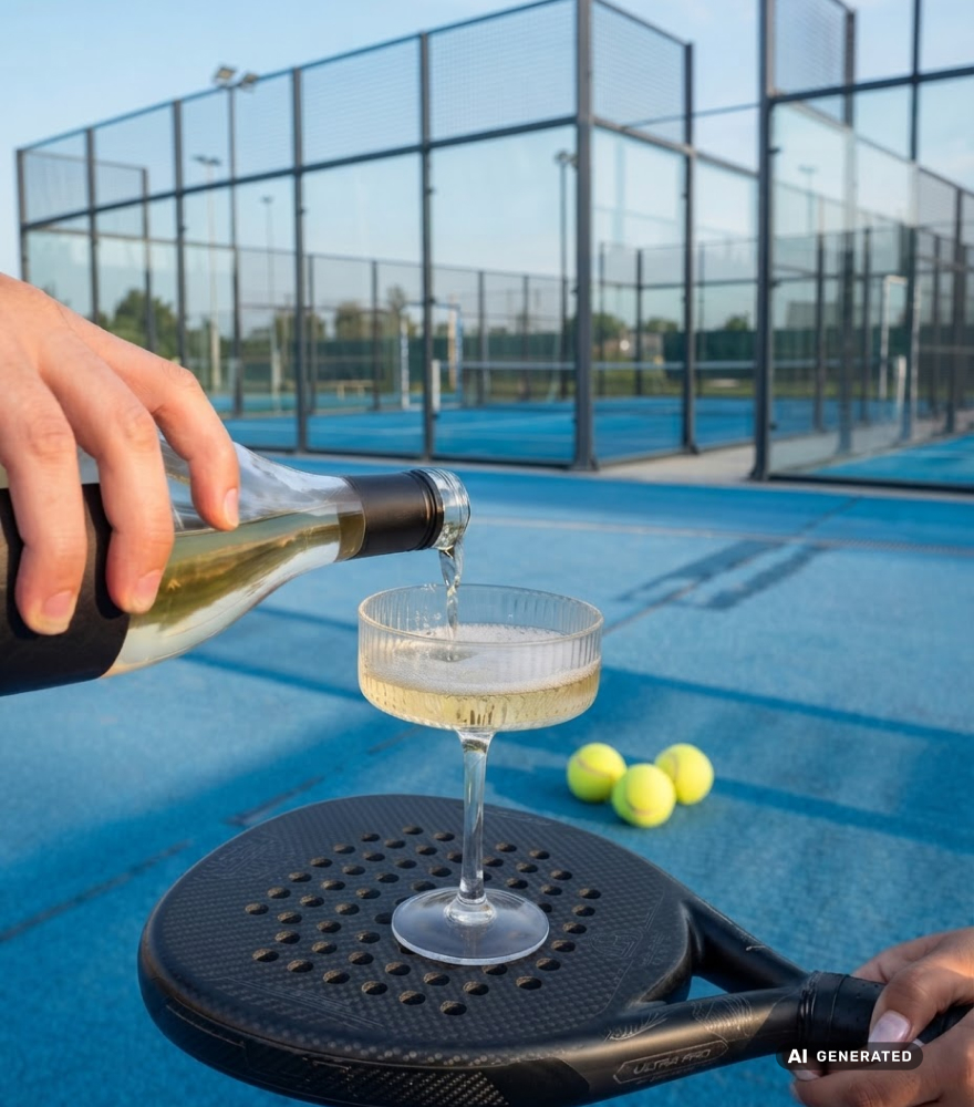 Sektglas auf Padel Schläger wird mit Sekt befüllt. Im HIntergrund der Court.