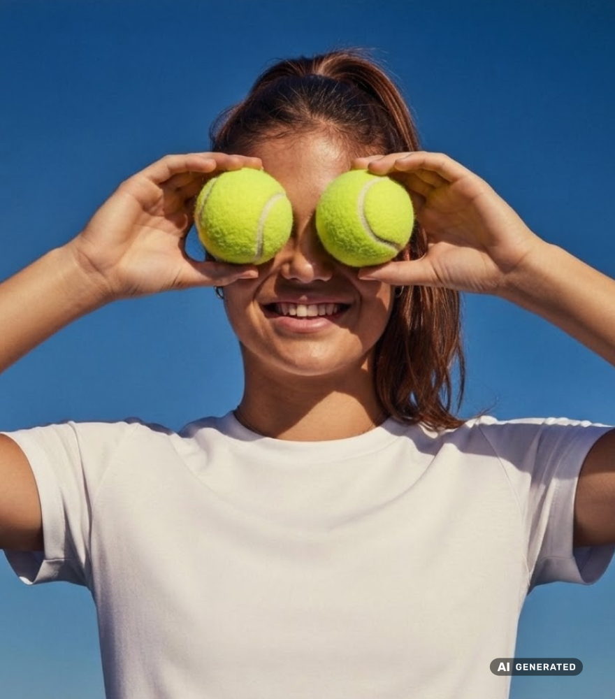 Dame hält Tennisbälle vor die Augen.