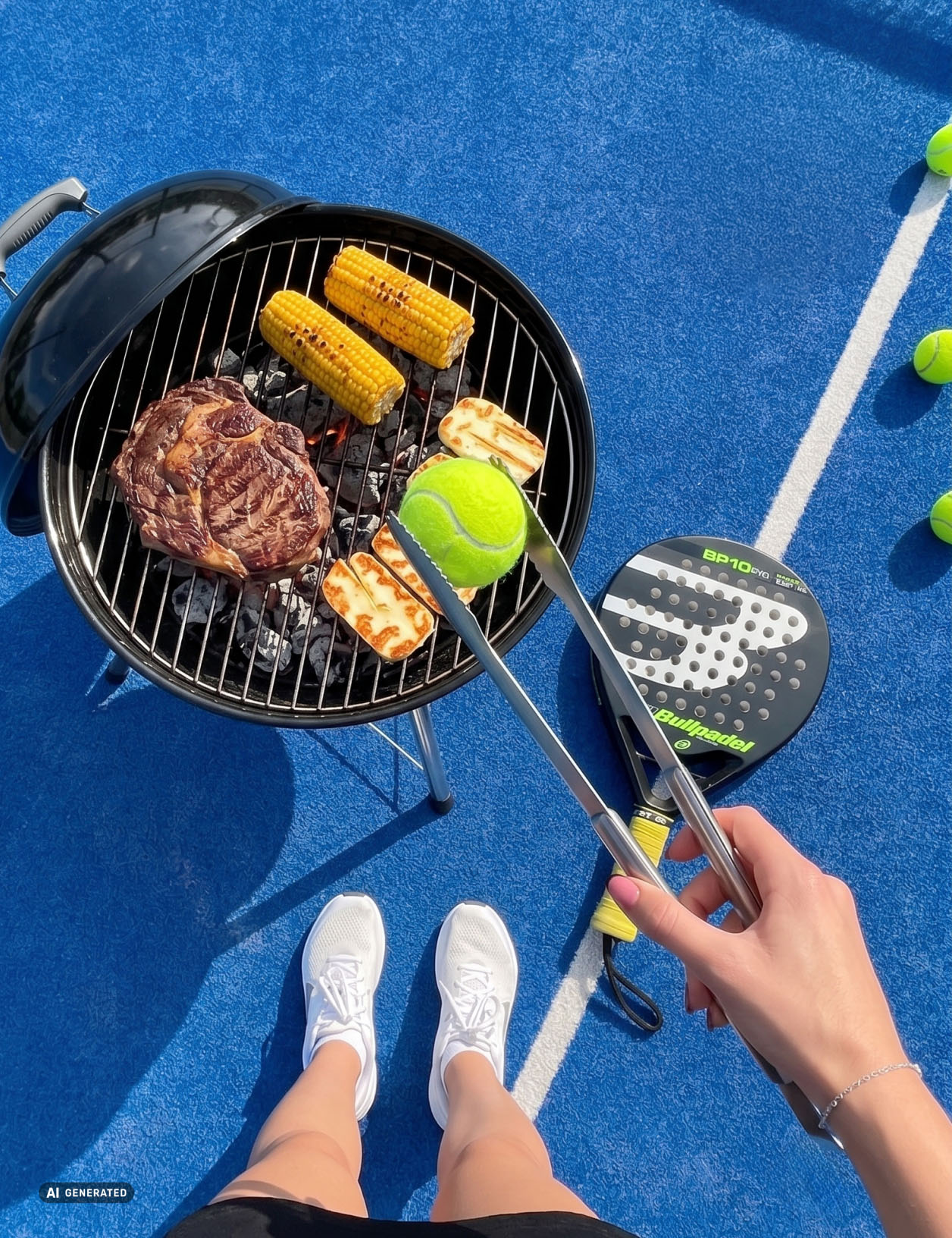Padel4Fun Grillznage mit Tennisball darunter Griller auf einem Padel Court.