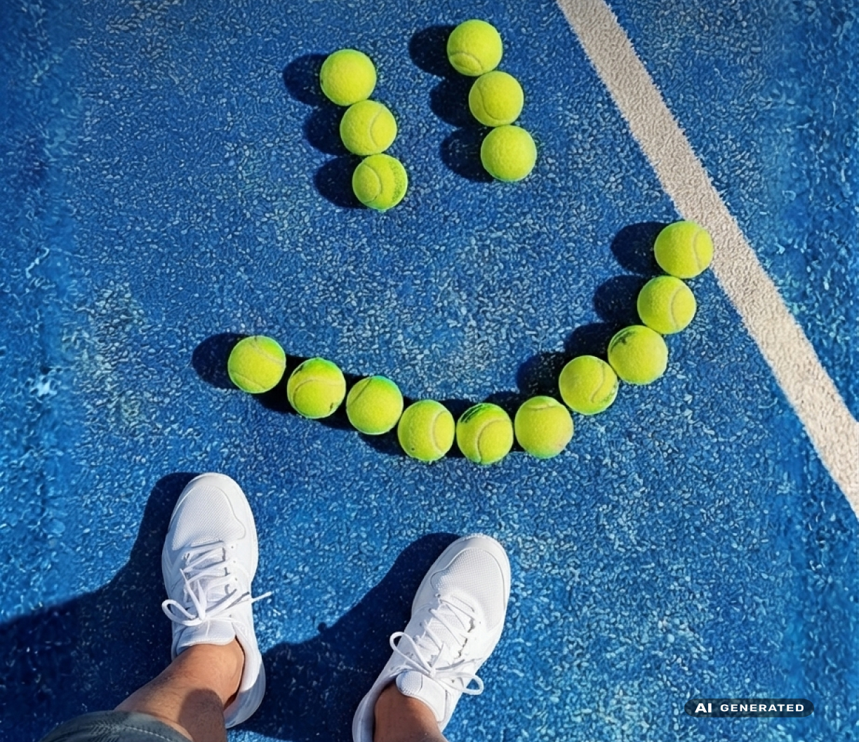 Smiley aus Tennisbällen liegt am Court.